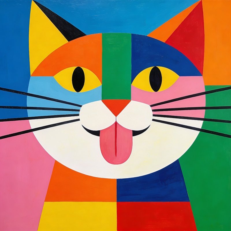 Bright geometric cat portrait with multicolor blocks and a playful tongue.