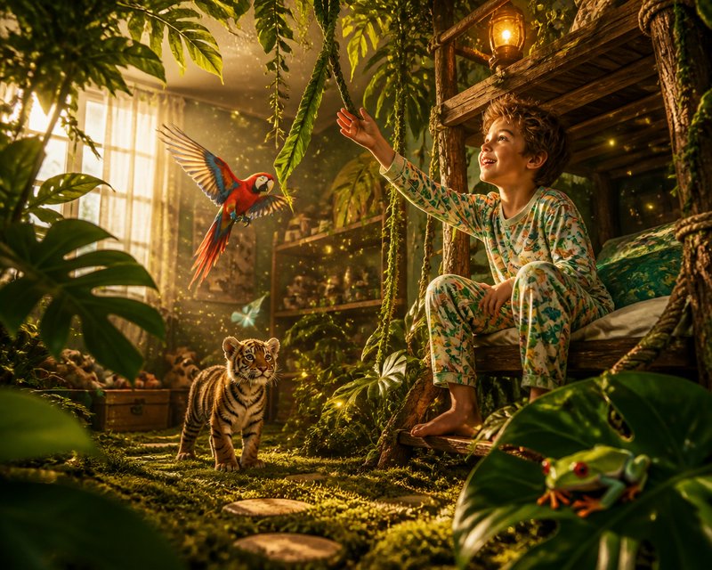 Child in pajamas on a rustic treehouse reaching toward a colorful parrot in a lush indoor jungle scene.