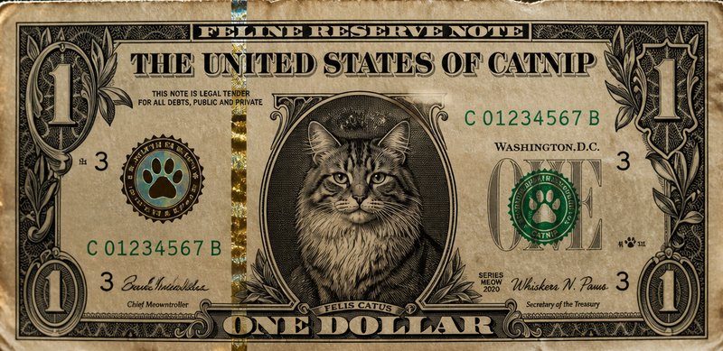 Novelty one-dollar bill with a detailed cat illustration centered on the note.
