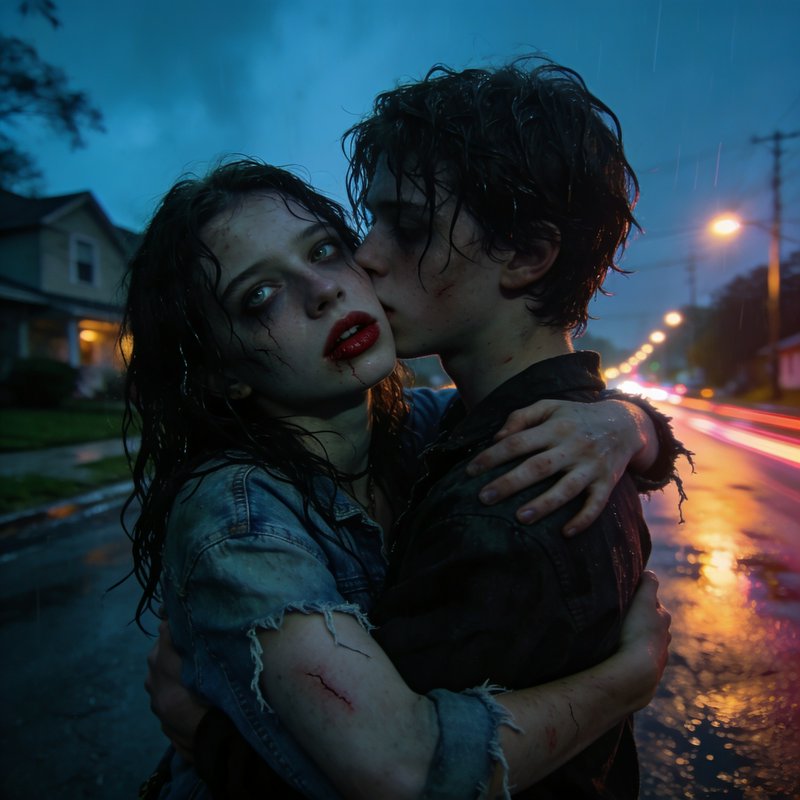 Rain-soaked couple embracing and kissing on a wet urban street at night.