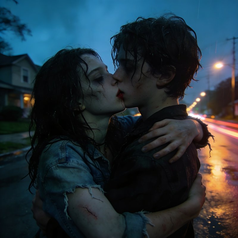 Two young lovers kiss passionately in the rain on a dim, neon-lit street at dusk.