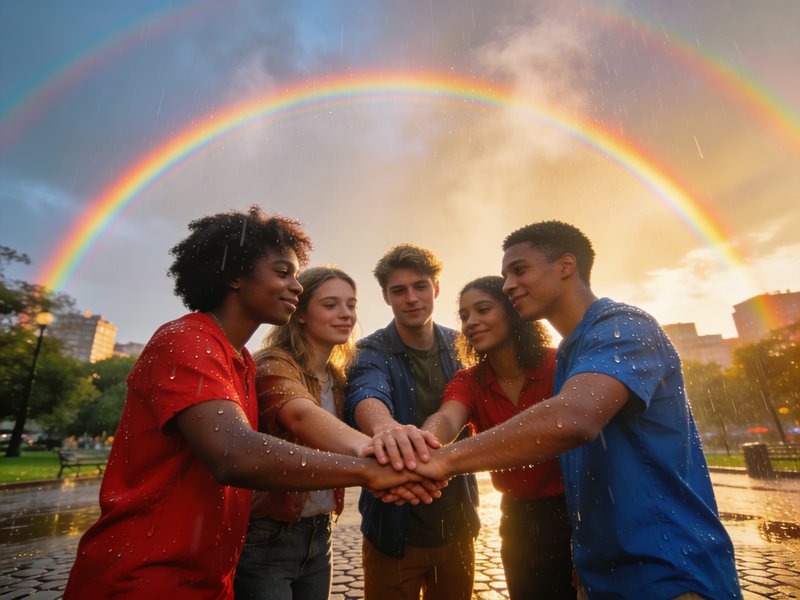Group of five diverse friends in a circle with hands joined under a double rainbow in a rainy city park.
