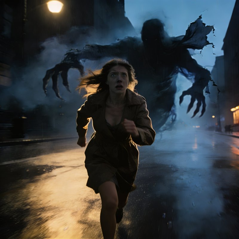 A woman runs on a rain-soaked city street as a shadowy monstrous figure looms behind her.