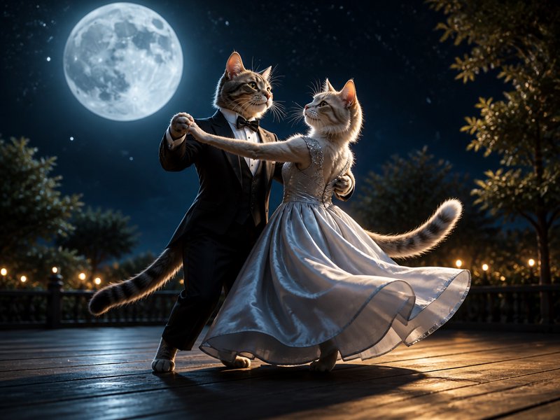 Two cats in formal attire dance a waltz under a full moon in a moonlit outdoor setting.