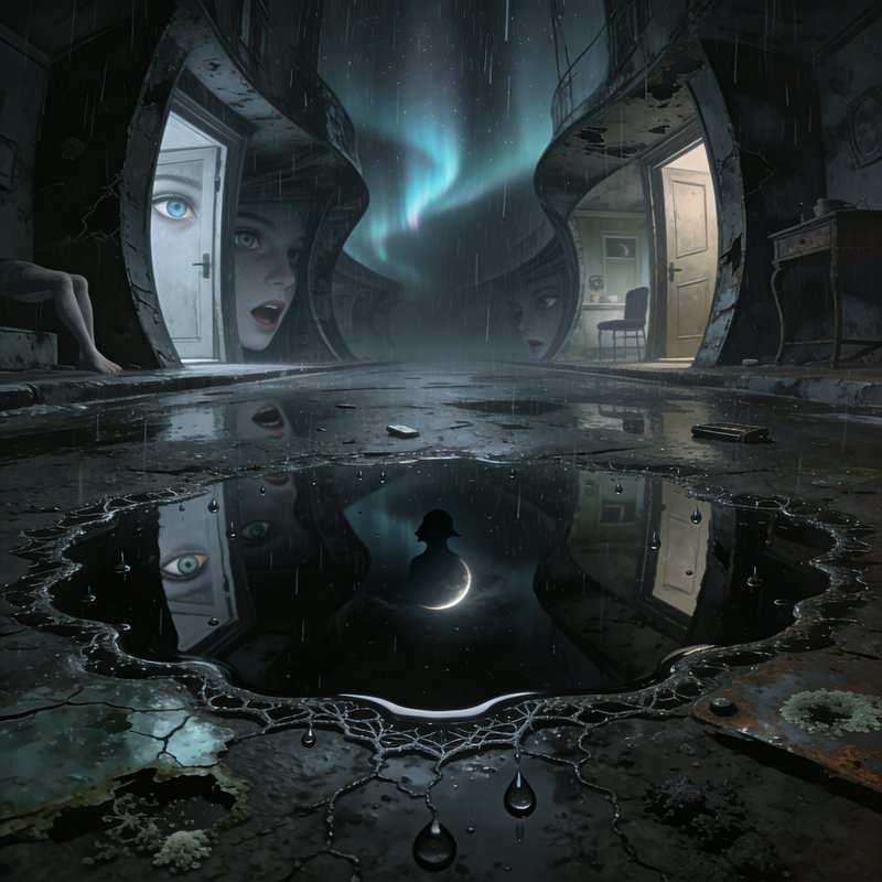 Surreal ruin with mirrored doors, giant faces, and a crescent moon reflected in a dark puddle.