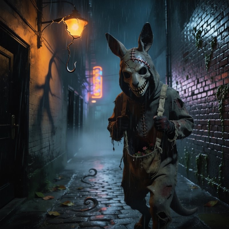 Dark rain-soaked alleyway figure in a stitched bunny mask and tattered coat.