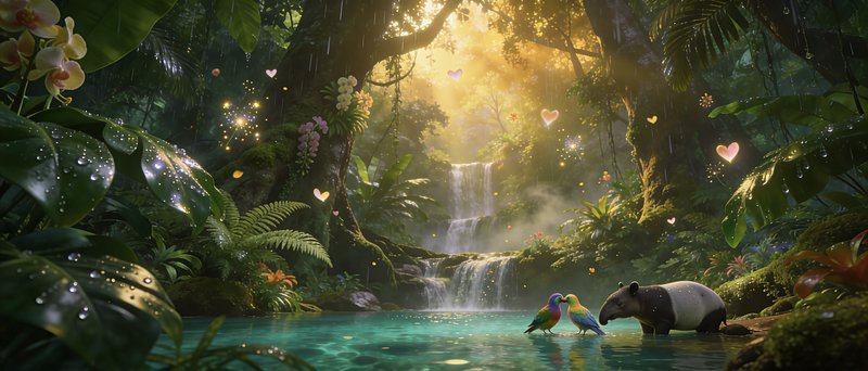 Colorful tropical jungle with a waterfall, turquoise pool, two parrots, and a small bear-like animal by the water.