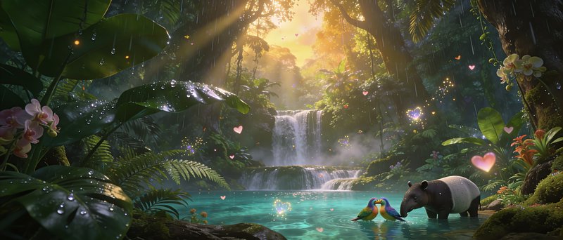 A tropical rainforest waterfall scene with a panda and two toucans by a turquoise pool, glowing hearts.