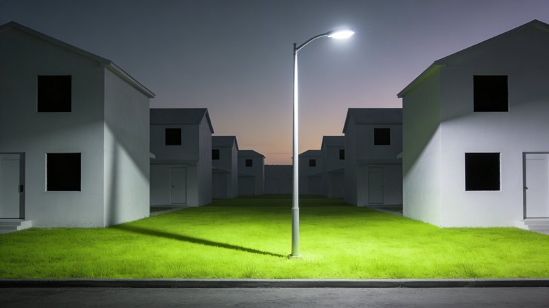 A nighttime suburban street with white modern houses and a central streetlamp lighting a bright green lawn.