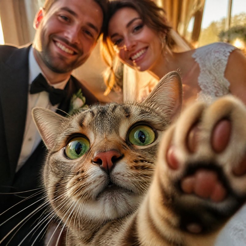 Close-up of a curious tabby cat reaching toward the camera with a wedding couple in the background.