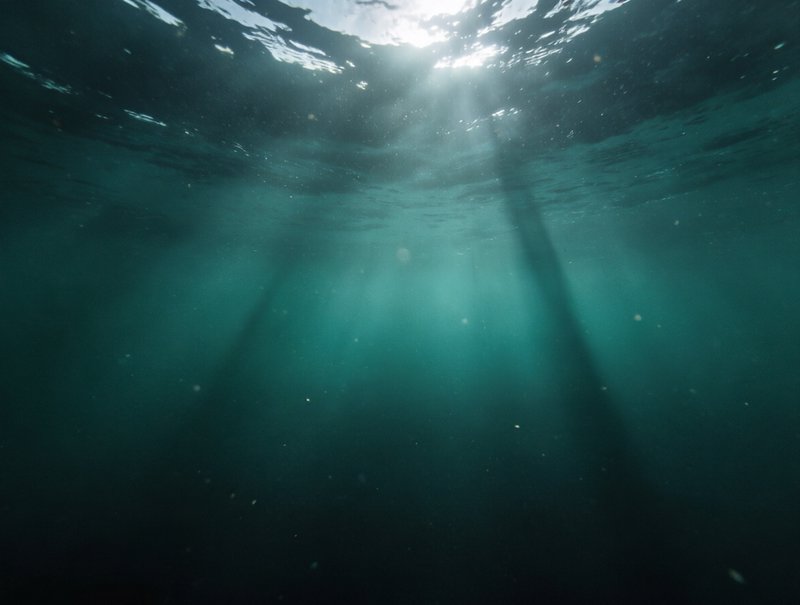 Underwater scene with sunbeams piercing teal water from above.