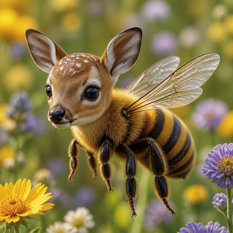 Cute fawn-faced bee with striped abdomen and wings hovering above colorful garden flowers.