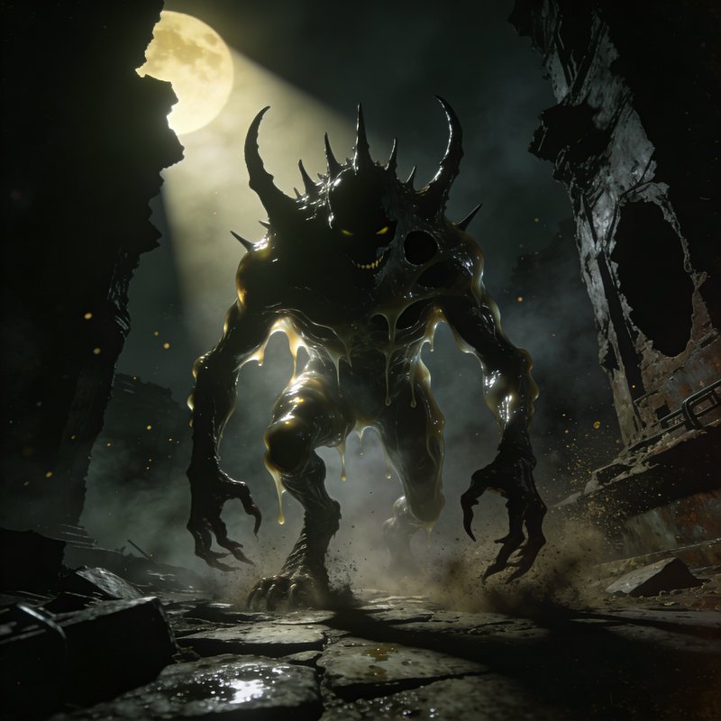 Menacing horned monster with glossy, melted armor in a ruined city under moonlight