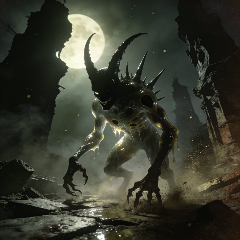 Dark horned nightmare creature with glossy, molten skin roams a moonlit ruined landscape.