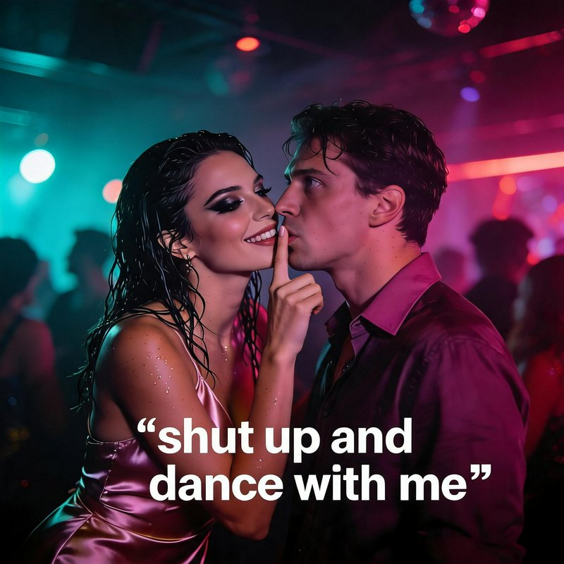 Woman in a pink satin dress shushes a man at a neon-lit nightclub.
