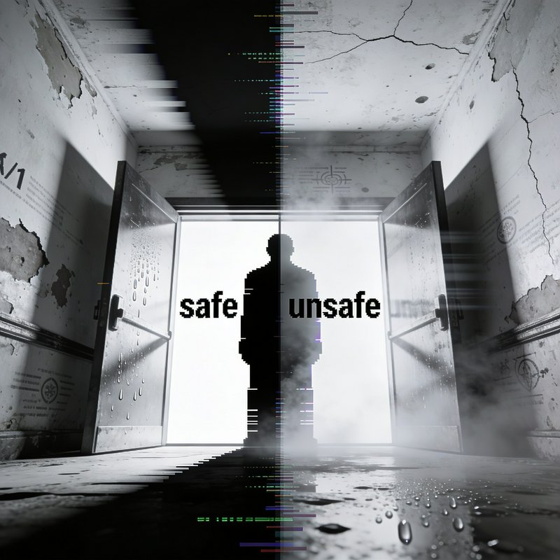 Silhouette in a doorway with the words "safe" and "unsafe" split by glitchy visuals in a grayscale corridor.