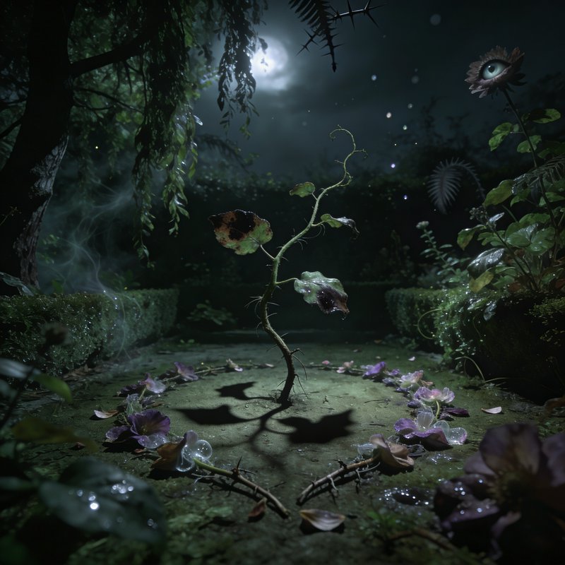 Moonlit surreal garden with a twisted sapling and glowing night flowers.
