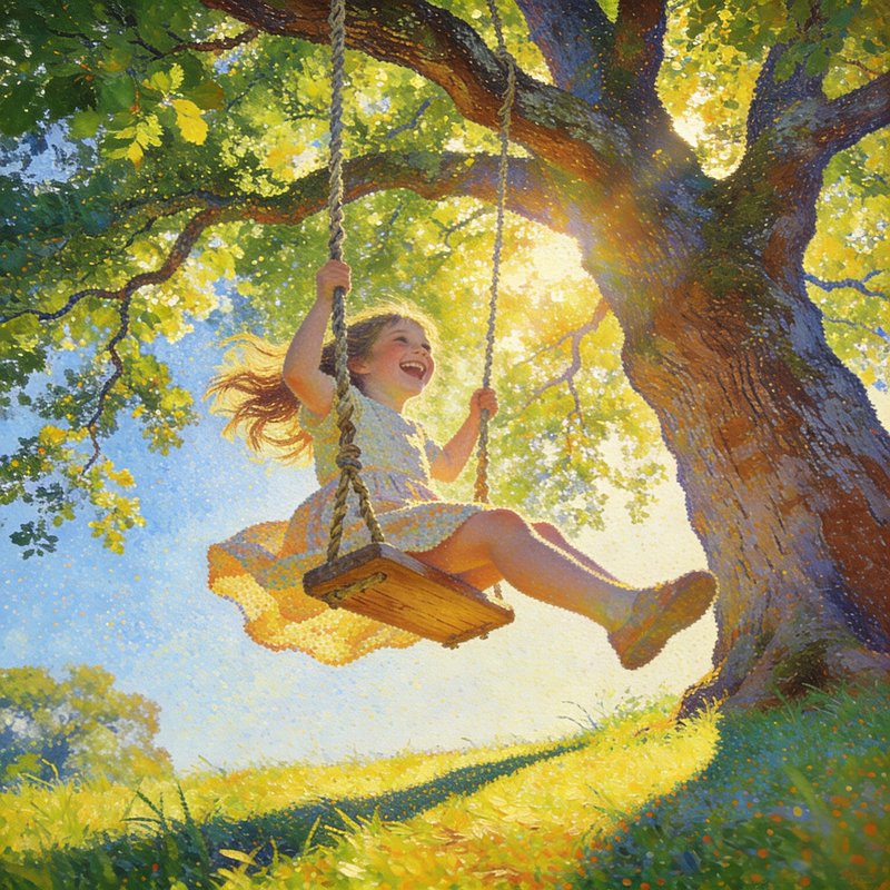 Young girl swinging on a wooden swing under a sunlit, large green tree in a bright park.