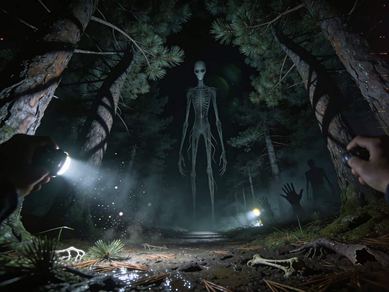 Tall translucent alien humanoid emerging from a misty forest at night, lit by flashlights.
