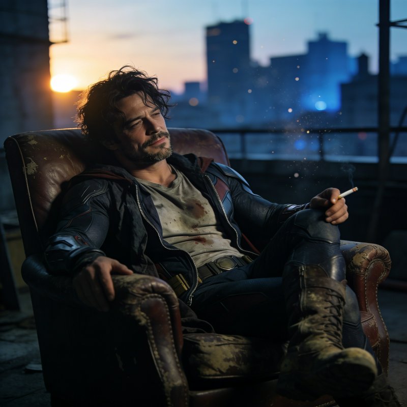 Rugged man in a leather jacket sits in an old armchair on a rooftop, smoking at dusk.