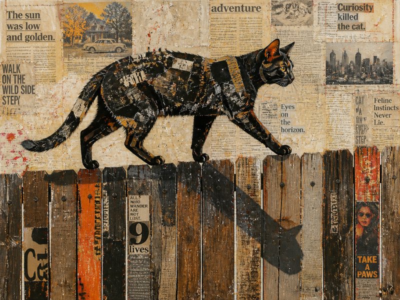 Collage-style mural of a cat walking along a wooden fence with a newspaper background.