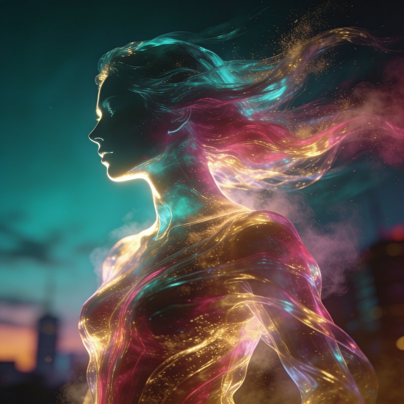 Neon-glow silhouette of a woman with flowing colorful hair against a dark city background.