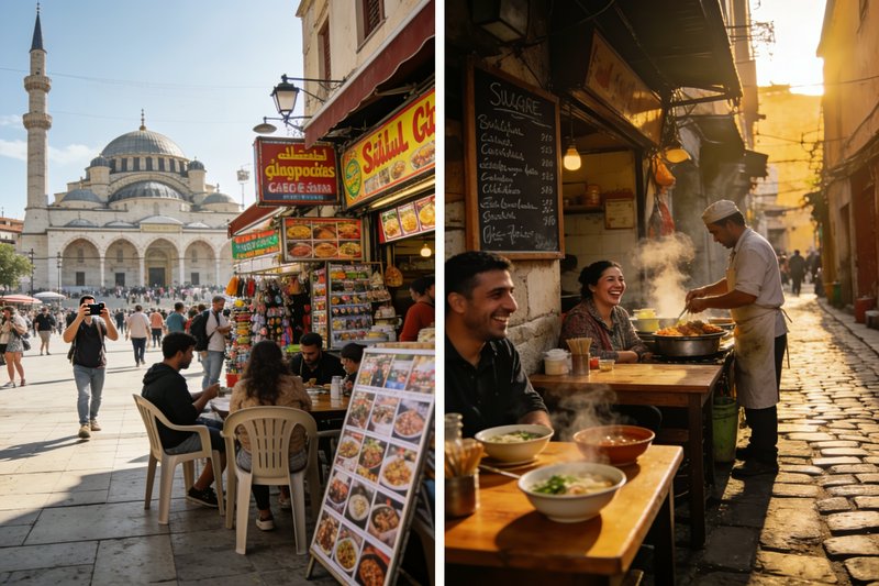 Outdoor cafe scene near a domed mosque with diners and colorful street food stalls.