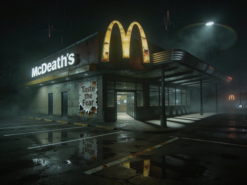 A run-down McDonald's at night with a glowing golden arches sign and a "Taste the Fear" poster outside.