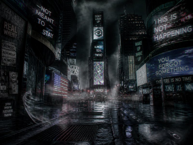 Dark futuristic city street with neon billboards, misty reflections, and towering skyscrapers at night.