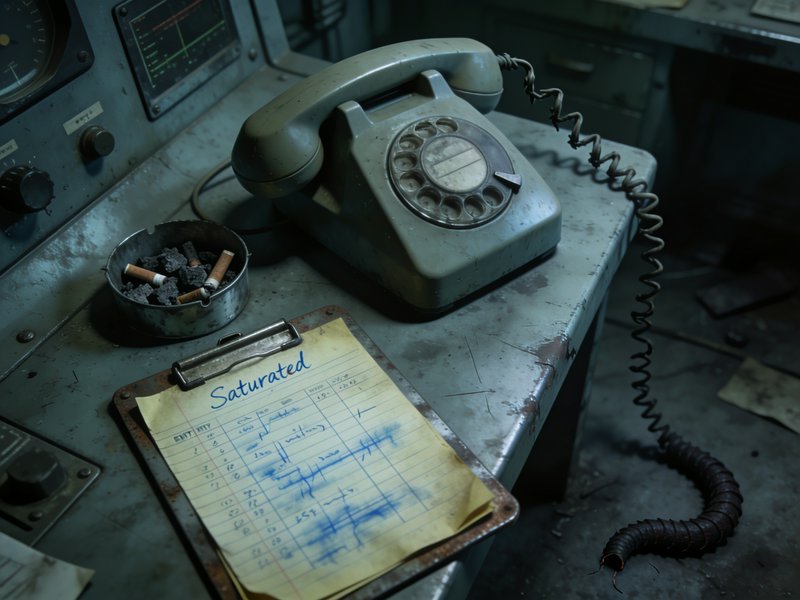 [Worn industrial desk holds a vintage rotary phone, ashtray, and clipboard marked "Saturated" with a bizarre centipede-lik...