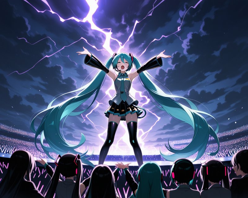 Hatsune Miku sings with outstretched arms on a stadium concert stage, glowing purple lightning behind her, fans watching i...