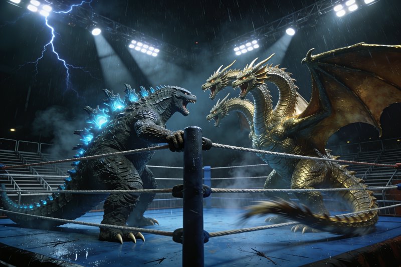 Godzilla faces off against three-headed King Ghidorah in a rainy, lightning-struck wrestling ring under bright arena
