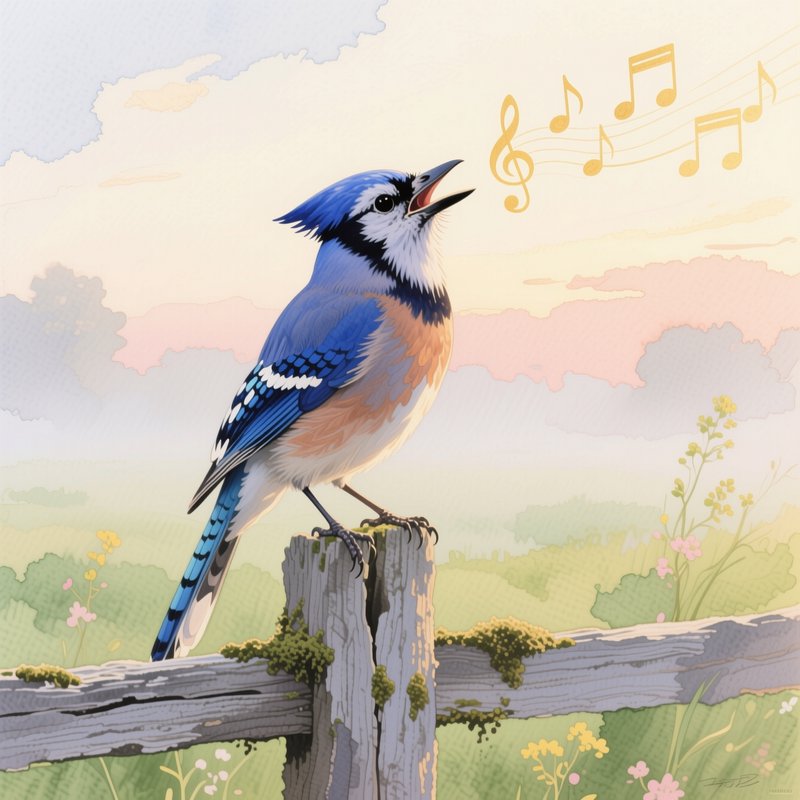 [Vibrant blue jay sings from a mossy wooden fence post, golden musical notes floating above a soft pastel dawn meadow back...