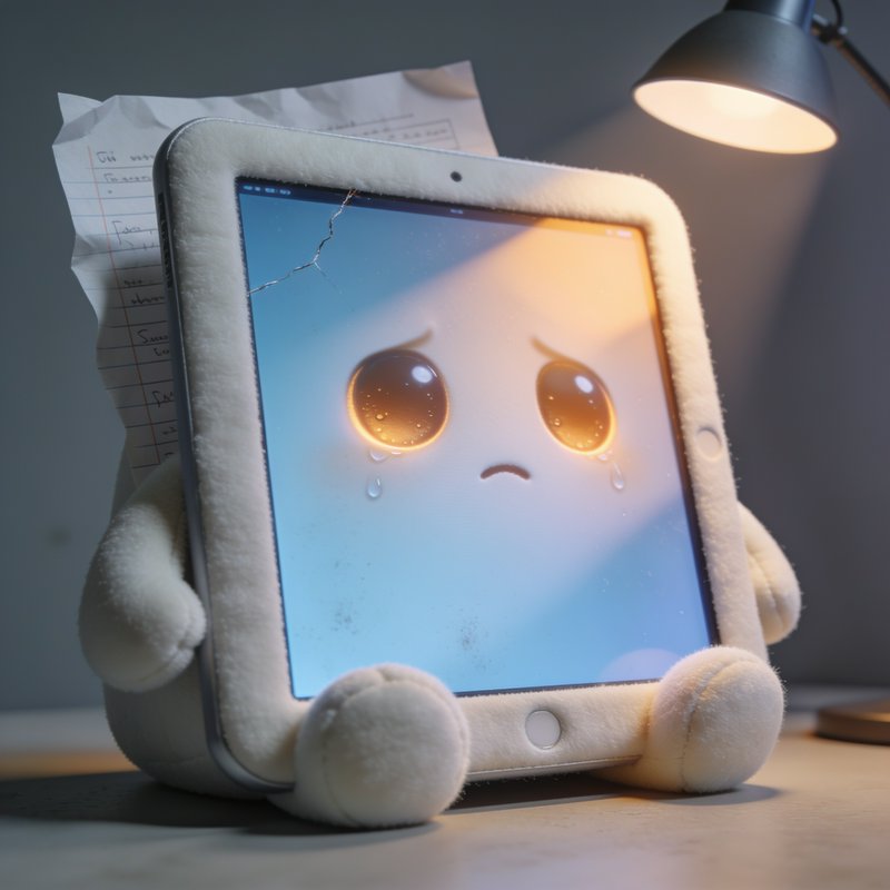[Sad crying fluffy anthropomorphic cracked tablet character sitting on a desk under warm desk lamp lighting]