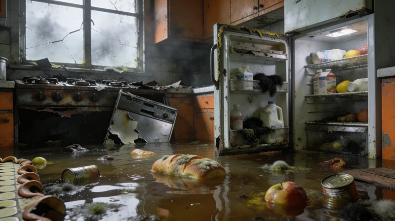Flooded dilapidated kitchen with open moldy fridge, rotting food submerged in murky standing floo...