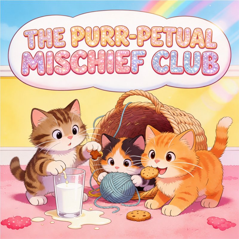 Glitter "The Purr-petual Mischief Club" title above three playful cartoon kittens making messes w...