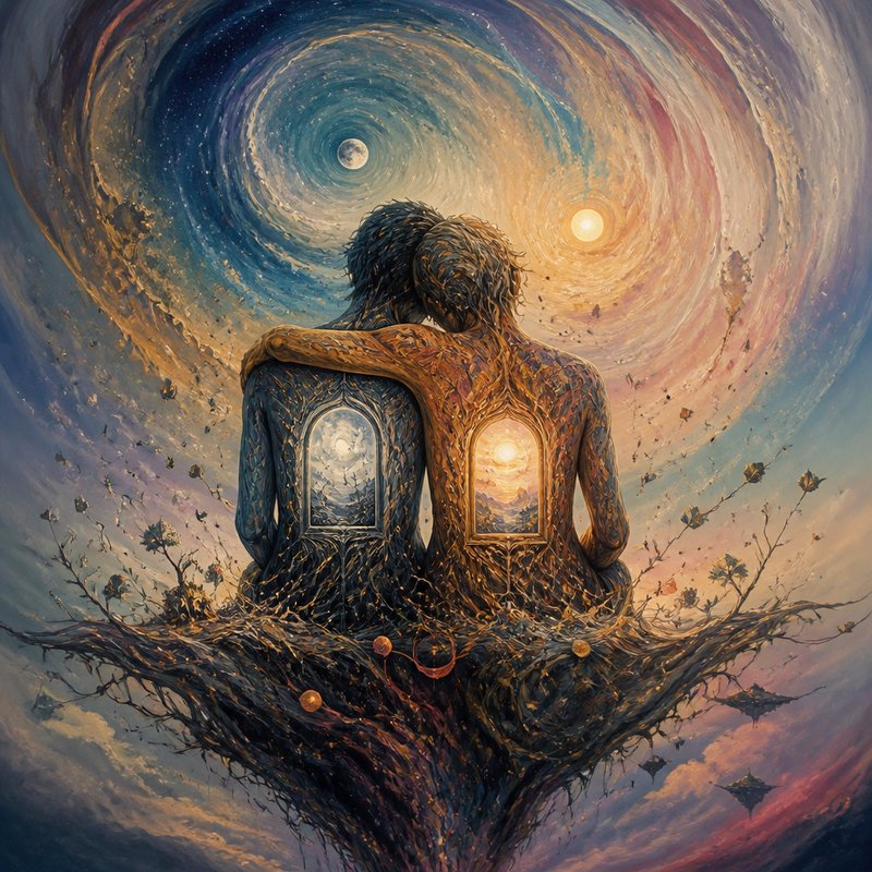 Surreal fantasy art of an embracing couple seated on a floating branch, windows in their backs, f...