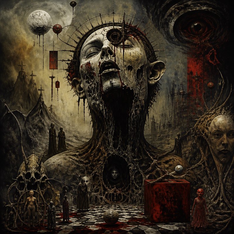 Macabre surreal horror painting of a spiked crowned decaying giant head, cosmic all-seeing eye, t...