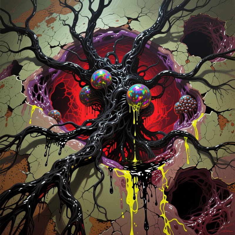 Surreal psychedelic dark root creature with iridescent orbs and dripping neon slime erupting from...