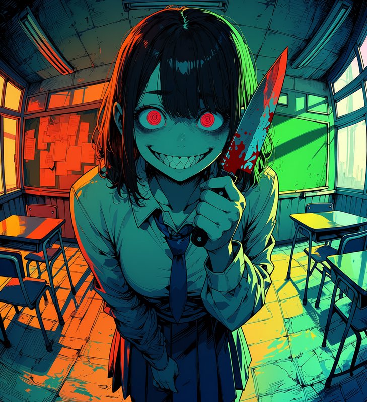Unhinged yandere anime schoolgirl with glowing red eyes holds a bloodied knife in a neon lit clas...