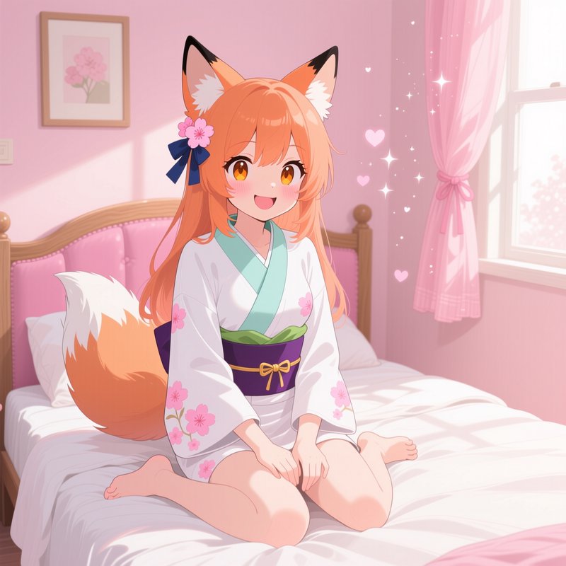 Cute cheerful anime kitsune fox girl in a cherry blossom kimono sits happily on a sunlit pastel p...