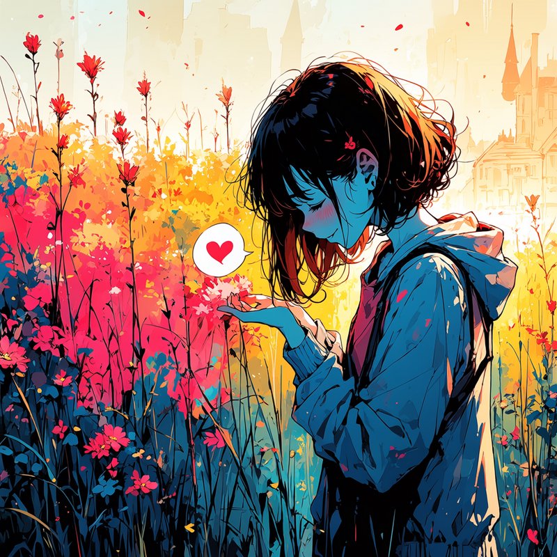 Anime girl gently touching wildflowers in a bright sunlit meadow, heart speech bubble, distant ca...