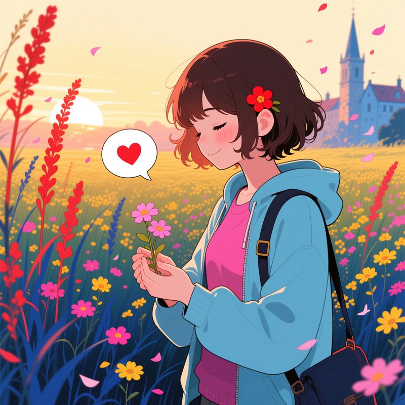 Cute anime girl with red flower hair clip holds a pink wildflower in a sunlit meadow, heart speec...