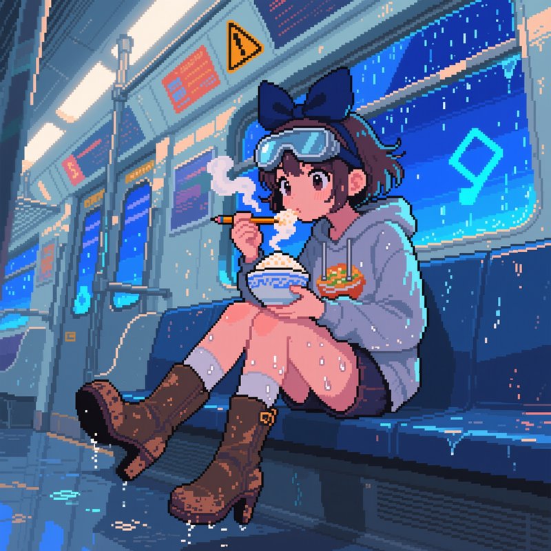 Pixel art anime girl eating hot noodles while seated on a rainy night subway train