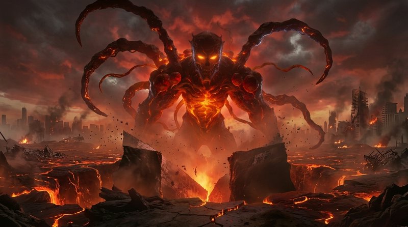 Towering fiery tentacled demon with glowing orange eyes looms over lava-covered destroyed apocaly...