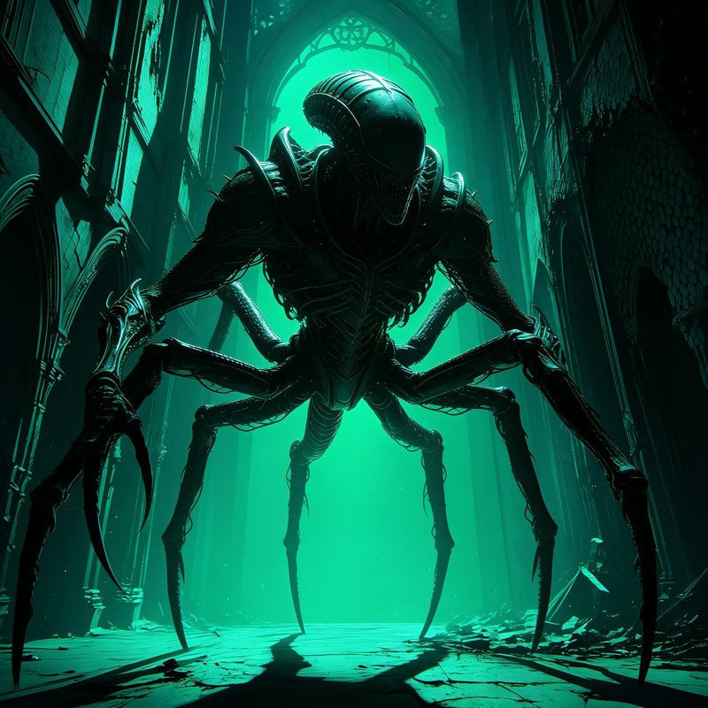 Menacing multi-limbed Xenomorph-style alien stands in a crumbling gothic corridor lit by eerie gl...