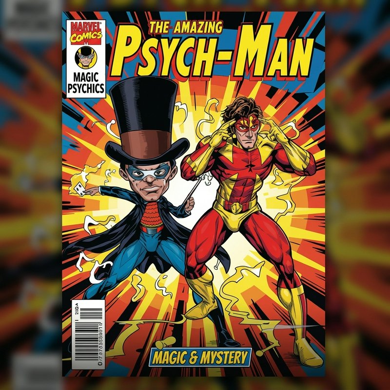 Retro Marvel-style comic cover for The Amazing Psych-Man, featuring a magician and telepathic sup...