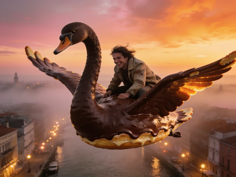 Joyful laughing man rides a giant chocolate pastry swan flying over a misty canal city at sunset
