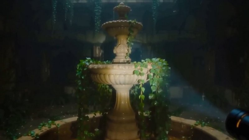 Ornate tiered stone fountain draped in trailing green ivy, spotlit in a dim misty abandoned court...