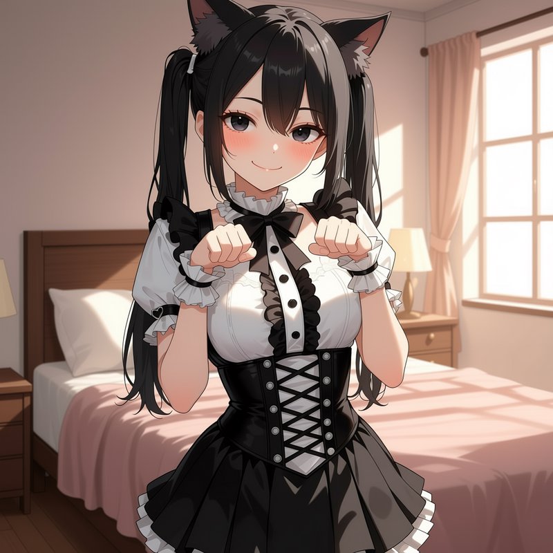Anime neko cat girl with black twin tails in a maid corset, posing playfully with paw hands in a ...
